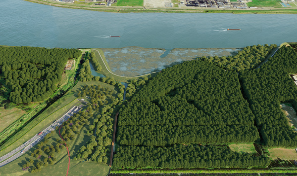 Toekomstbeeld van de tunnelmond van de Scheldetunnel op Linkeroever