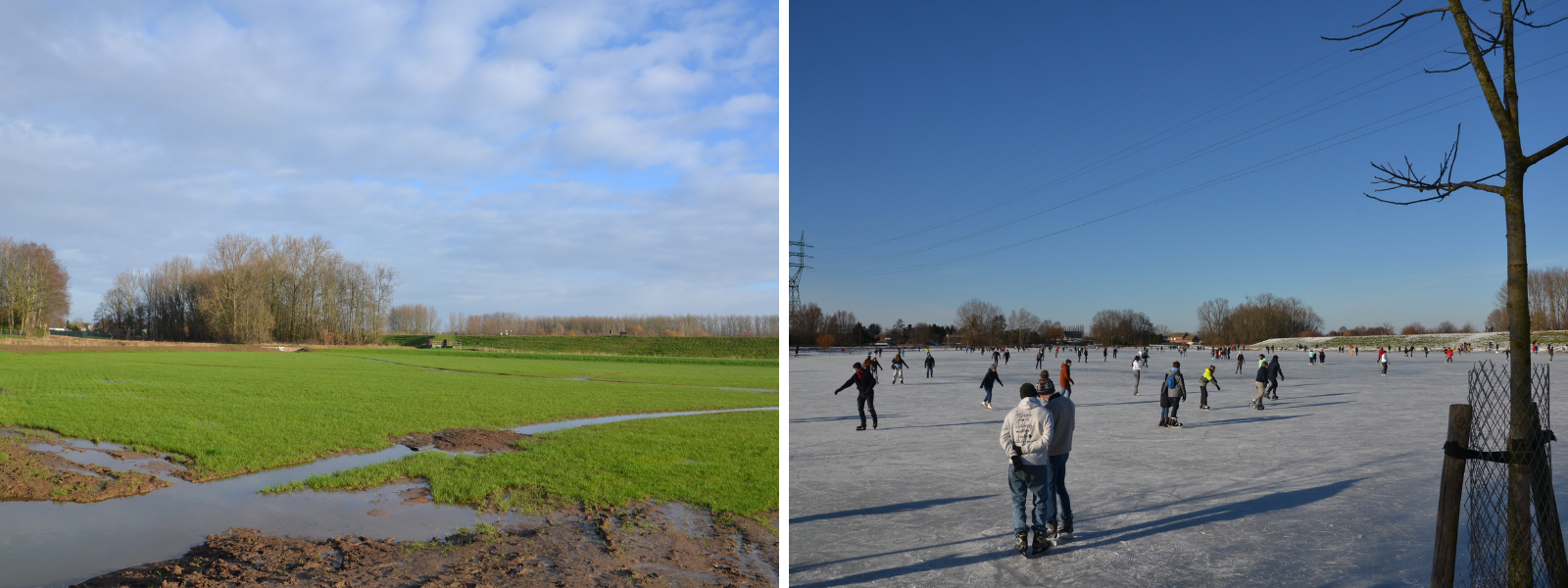 Links: de herinrichting van de Bleukensweide als overstromingsgebied; rechts: de Bleukensweide als ijsbaan (foto's: Karel Van Bruyssel)