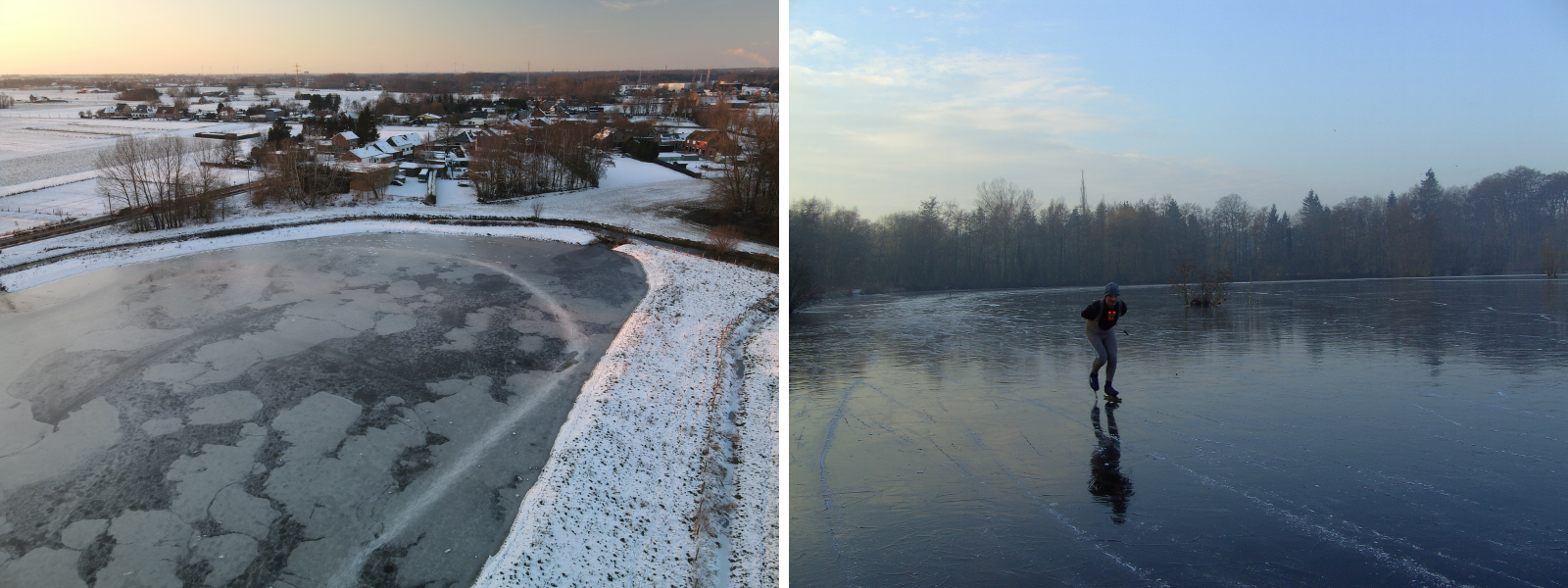 Links: dronebeelden helpen de ijsvorming op te volgen; rechts: zwart ijs, de natte droom van elke schaatser (foto's: Karel Van Bruyssel)